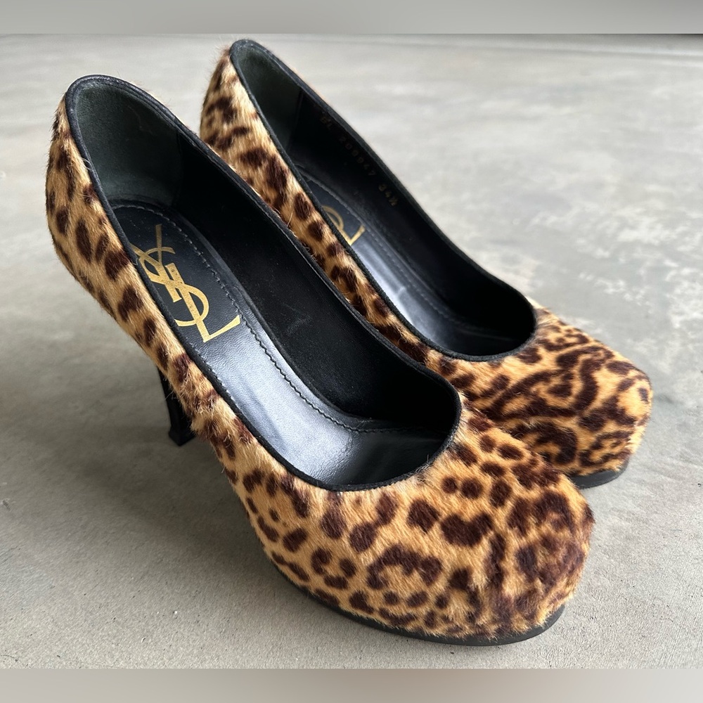 Auth Yves Saint Laurent Brown Leopard Calf Hair Tribute Tribtoo Heels Pumps Shoe